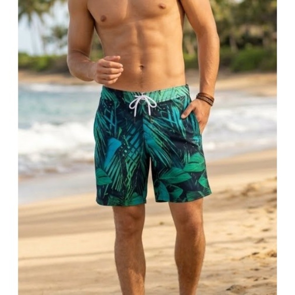 American Eagle Mens Small Tropical Palm Leaf Print Board Shorts Swim Trunks Blue